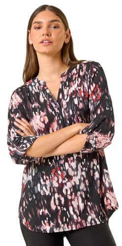 Roman Shirt for Women UK Ladies Top Collarless Blouse Stretchy Tunic Smart Casual Autumn Winter Jersey 3/4 Length Sleeve Notch V Neck Flattering Office Work