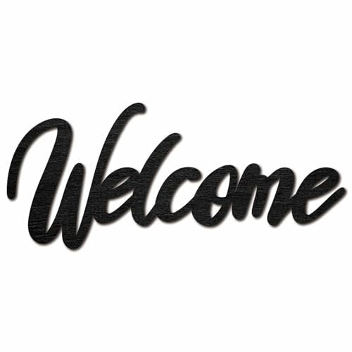 CREATCABIN Bienvenue Découpes Bois Panneaux Mots Décoratifs Script Vierge Lettre Bois Non Finie Découpe au Laser Décoratif pour Couronne Maison Café Boutique Appartement Ferme Porche Mur Fête 30x13cm