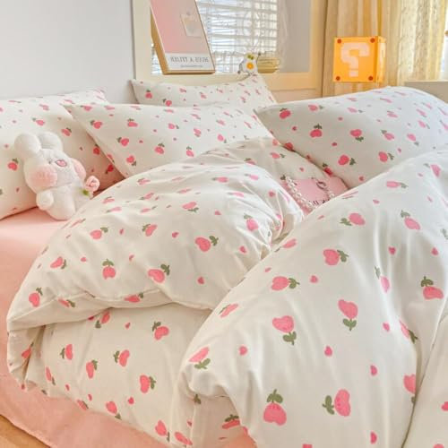 AShanlan Bettwäsche 135x200 4teilig Weiß mit Rosa Herzchen Blumen Aesthetic Cute Bettbezug Weiche Herzen Renforce Mikrofaser Floral Herz Deckenbezug mit Reißverschluss und 2 Kissenbezüge 80x80 cm