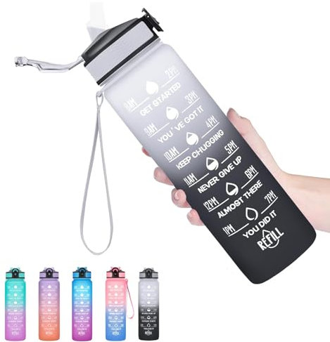 Trinkflasche 1L, BPA-Frei Tritan Wasserflasche mit Strohhalm, Sport water bottle mit Zeitmarkierung für Fitness, Schule, Yoga, Outdoor (Weiß Schwarz)