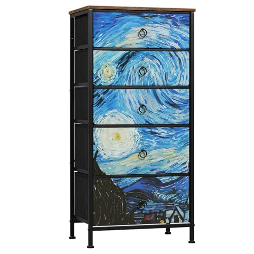 WOLTU Commode à 5 Tiroirs en Tissu, Chiffonnier, Meuble Rangement, pour Chambre/Entrée/Salon, Marron Rustique+Noir+Motif de Ciel Étoilé, Cadre en Métal, 45.5x30x95.5cm, SSK004szb