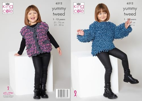 King Cole Girls Knitting Pattern Soft Loop Stitch Tweed Sweater & Gilet (6312)