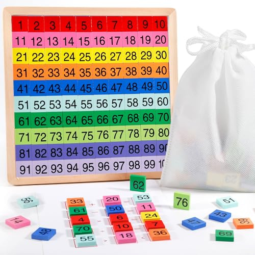Loppdece 24 Stück Mathematik Puzzle Holz Digital Board, 1-100 Fortlaufende Zahlen Holz Lernspiel, Montessori Mathe Puzzle Hundertertafel mit Aufbewahrungsbeutel, Vorschule Pädagogisches für Kinder