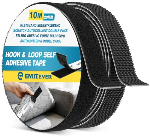 Emitever Hook and Loop Tape Heavy Duty 20mm x 10m Black | Multipurpose Heavy Duty Self Adhesive Tape, Double Sided Sticky Back Mounting Strip