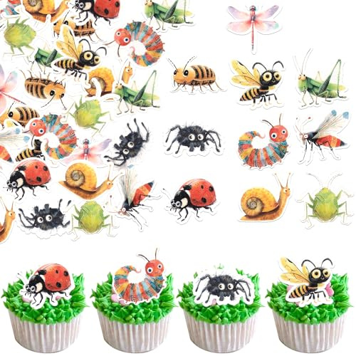 60 Pack Edible Green Caterpillar Cupcake Topper Wafer Paper Nature Insect Hungry Caterpillar Dragonfly Cupcake Picks Happy Birthday Anniversary Wedding Cake Decorations Party Supplies