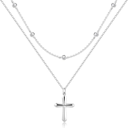 ALEXCRAFT 14K Vergoldet Layered Kette 2in1 Silber Zirkonia Halskette Damen | Verstellbares Doppel Stapelbare 2 Layered Kette mit Zirkonia Anhänger Halskette Boho Layering Schmuck Ketten Damen Frauen