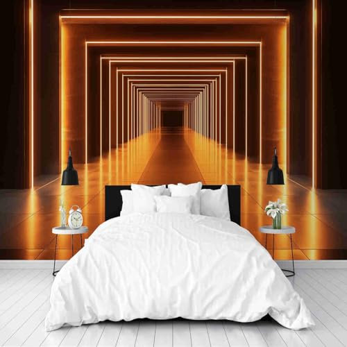Orangefarbenes Tech-Tunnel-Muster Fototapete 3D Effekt Schwarz Wandtapete Schlafzimmer 350x256 cm Vlies Fototapete Tapete Moderne Wanddeko Wohnzimmer Kinderzimmer Dekoration