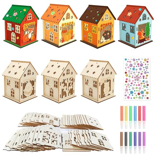 7 Stück Herbst Bastelset Kinder,Herbst Basteln mit Kindern,DIY Holzhaus Bemalen & Basteln,Herbst Deko Bastelset mit 12 Aquarellstifte und Diamantaufkleber für Mädchen Jungen Party Geschenk