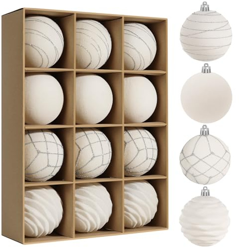 Miaikoe 12pcs Samt Weihnachts Ornamente Kugeln Sets für Weihnachten, Kunststoff zerstörungsdicht Weihnachtsbaum Flocked 8 cm Ornamente Kugeln für Winter Urlaub Dekor (Beige)