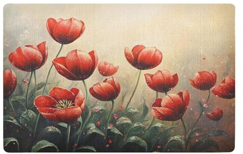 Fußmatte für den Innenbereich, 50 x 80 cm, rote Blumen, Blätter, Ölgemälde, rutschfest, waschbar, saugfähig, Eingangsteppich, Bodenmatte