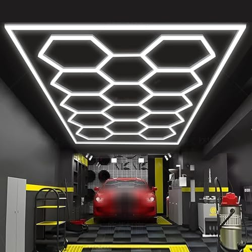 Hexagon LED Garage Ceiling Light,Car Detailing Linkable Ceiling LED Shop Lights for Garage Warehouse Workshop Gym Basement Car Care Wash Room 14 Grids