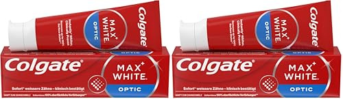 Colgate Zahnpasta Max White Optic 75 ml – entfernt bis zu 100% der Oberflächenverfärbungen für eine sofortige Zahnaufhellung* und ein weißeres Lächeln (Packung mit 2)