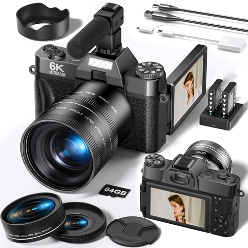 Longyi 6K 64MP Digital Camera for Photography and Vlogging with WIFI, Flip Screen Selfie, Macro & Wide-Angle Lens, Microphone for Video, 64GB TF Card, Compact Photo Cameras for Travel Beginners Black