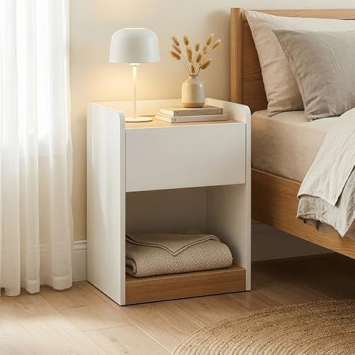 [en.casa] Nachttisch Kuorshare Beistelltisch 55 x 42 x 37 cm Nachtschrank mit 1 Schublade und 1 Ablagefach Nachtkästchen Nachtkommode Weiß/Eicheoptik