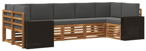 vidaXL Ecksofa Set mit Kissen 7 pcs Natur und Anthrazit Polyester, Akazienholz Sofa für draußen, stylisches Gartenmöbel, modulares Set für Terrasse und Poolbereich