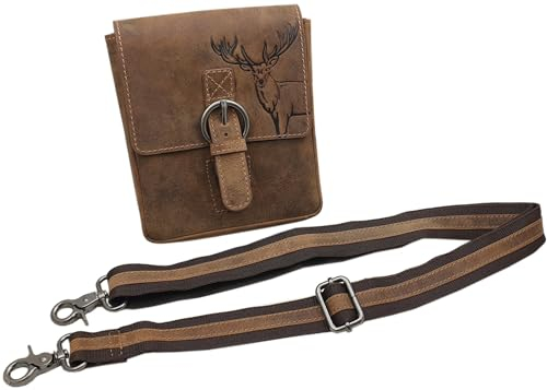 myledershop Echt Büffel-Vollleder Handtasche mit Tragegurt in Hoch- oder Querformat mit Hirsch-Motiv in Braun (Modell 1 / Hochformat)