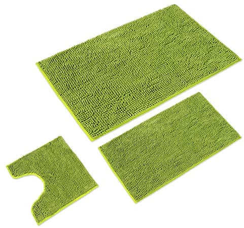 WohnDirect Badematten Set 3 teilig Grün • WC Vorleger (45x45cm), Badematte (50x80cm,70x120cm) • rutschfest waschbar Badezimmerteppich MIT WC-Ausschnitt