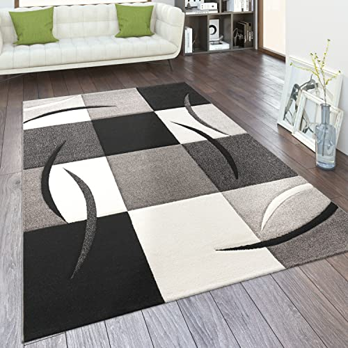 Paco Home Teppich Wohnzimmer Kurzflor Schlafzimmer Modern Geometrisches Muster Kariert Meliert, Grösse:60x110 cm, Farbe:Schwarz Weiß