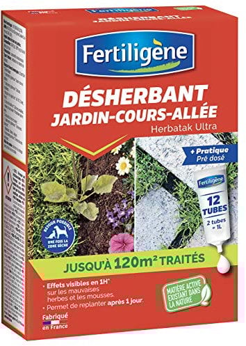 Fertiligène FDESAT12N - Désherbant Tubes Doses Jardin, Cours, Allées Concentré x12 - Détruit Rapidement Les Mauvaises Herbes et Les mousses - Effets Visibles en 1h - 2 Tubes avec 1L d'eau pour 19m²