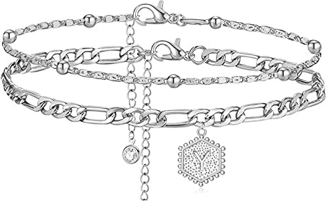 Bracelet de cheville en argent pour femme avec initiale en perles et lettres hexagonales - Bracelet de cheville à maillons cubains pour homme et femme - Bracelet de cheville délicat avec lettre de nom