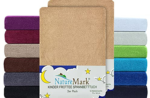 NatureMark 2er Pack Kinder FROTTEE Spannbettlaken, Spannbetttuch kuschelig weich,für Babybett und Kinderbett | 70x140 cm - Sand/Beige