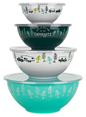 Camco Life is Better at The Campsite Nesting Bowl Set, Includes (4) Durable Melamine Bowls with (4) Plastic Lids Suitable for On-The-Go Lifestyles