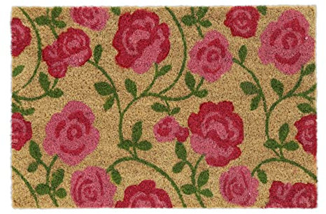 Relaxdays Flowers Roses Welcome Doormat Rubber, 40 x 60 cm, Door Mat Inside & Outside, Non-Slip, Pink/Coir, Coco