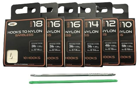 TFS Angling 60 X NGT Barbless Hooks to Nylon.Sizes 18,16,14,12,10, plus Aluminium & Plastic Disgorgers. (B)