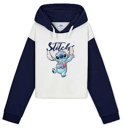 Disney Sudadera Niña Stitch, Sudadera Corta Niña, Sudadera para Niñas Crop Top, Ropa para Niñas Lilo y Stitch 7-14 años (9-10 años, Blanco/Azul Marino)