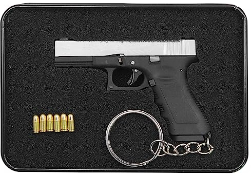 Legierung Empire G17 Taktische Mini-Pistole Schlüsselanhänger 1:3 Metall 6 Kugeln Pistole Schlüsselanhänger Sammlung Anhänger Tasche Anhänger für Armee Fan Männer Geschenk (Schwarz & Silber)