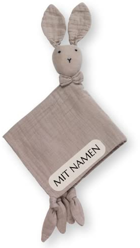 Liomio® Schnuffeltuch 35x35 cm personalisiert mit Namen [Made in EU] Schmusetuch Baby aus 100% Baumwolle [Oeko-TEX®100] - Baby Kuscheltier hochwertig Bestickt - Schmusetuch Hase (Beige)