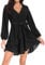 PCEAIIH Women's Cocktail Dresses Long Sleeve Empire Skater Dress Deep V-Neck Waist Tie Ruffle Mini Swing Dresses M Black