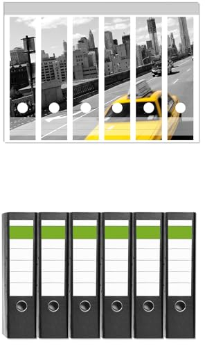 Wallario 6 Stück breite Ordner inkl. Klebeetiketten mit Motiv New York Yellow Taxi II - Set mit Rückenschildern/Ordnerrücken Stickern
