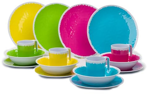 FLAMEFIELD Hello Summer Service de table 16 pièces en mélamine – Vaisselle aux couleurs saisonnières vives, assiettes, bols et tasses durables pour un dîner joyeux, parfait pour les repas ensoleillés