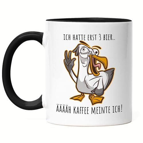 Hey!Print Hatte erst 3 Bier äääh Kaffee Tasse Schwarz Möwe Verrückt Burnout Büro Feierabend Kaffee