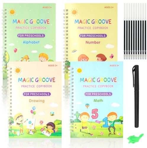 GOTFUN 4 Stück Englisch Magisches Heft, Magische Übungshefte mit Stift Wiederverwendbares Handschrift Magische Lernhefte für Kinder Lernen Mathe, Briefe, Zahlen und Zeichnung(Englische Version