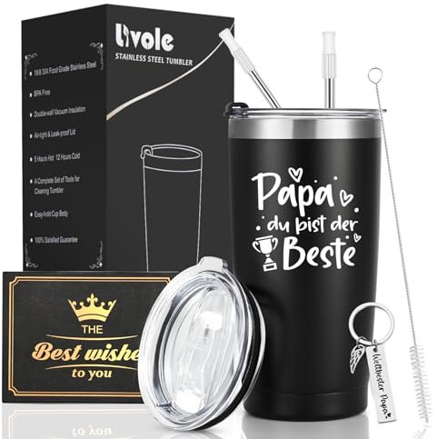 Livole Vatertagsgeschenke für Papa, Männer, Väter, Vater Geschenk von Kindern, Tochter, Sohn, Schlüsselanhänger Papa Karte - Papa Du bist der Beste - 600ml Thermobecher mit Strohhalm und Deckel