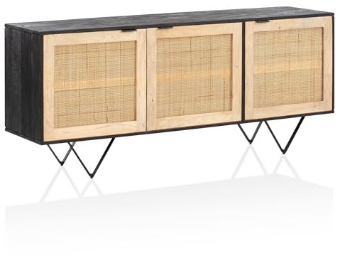 Wohnling Sideboard 175x75x45 cm Mango Massivholz/Rattan Kommode mit 3 Türen, Hoher Kommodenschrank Schwarz/Braun, Standschrank Wohnzimmer, Anrichte Rohrgeflecht