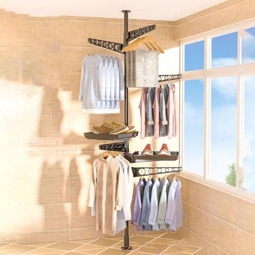 Clothes Drying Rack Foldable with Shoe Drying Tray Space Saving Stand with Adjustable Arms Easy Installation Coat Rack for Hanging Suits, Clothes, Accessories (Color : Black)