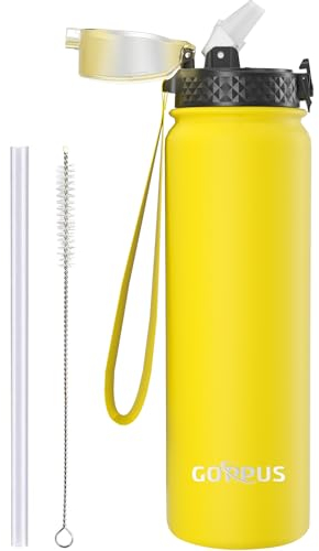 GOPPUS 1L/32oz Stainless Water Bottle with Straw Double Wall Insulated Bottles with Strap Reusable Vacuum Thermal Flask Leakproof Keep Cold Drinks Bottles with Flip Top Lid for Gym Men Women BPA Free