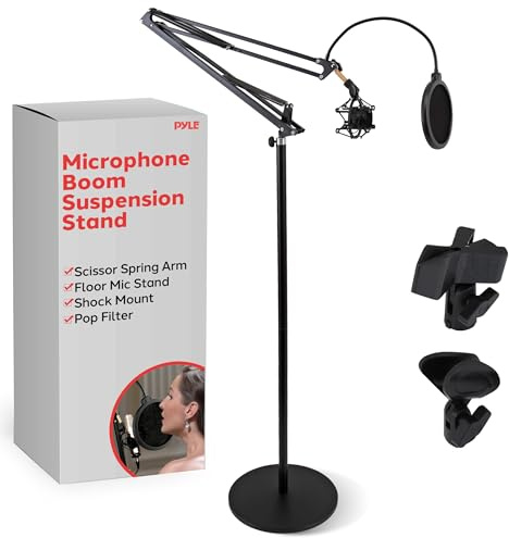 Pyle Microphone Boom Suspension Stand - Scissor Arm Mic Mount w/Shock Mount, Integrated Pop Filter, 3.1' ft. Max Extension, Suitable for Podcast Recording, Broadcasting, Streaming, Stage & Studio Use