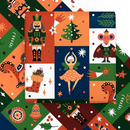WRAPAHOLIC Foglio di carta da regalo natalizia, 6 fogli colorati con motivo schiaccianoci piegato piatto per vacanze e celebrazioni, 50 x 70 cm per foglio
