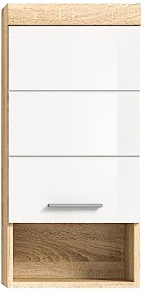 furnling Hängeschrank Scott, weiße Hochglanzfront, 1 offenes Fach, 1 Tür, 2 Fächer, Badschrank mit verstellbarem Einlegeboden, Breite 37 cm, Korpus Sonoma Eiche