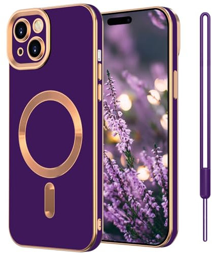 SouliGo Compatible with iPhone 15 Case 6.1” Magnetic Case【Compatible with MagSsafe】 Slim Fashion Bling Plating Bumper Soft TPU Shockproof Phone Cover with Lanyard - Dark Purple