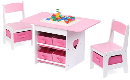 Relquorax Kindertisch mit 2 Stühlen Kindersitzgruppe mit Stauraum Spieltisch Kinder multifunktionaler Aktivitätstisch für Kinder Kindersitzgruppe innen Kinder Tisch Stuhl Set (Pink)