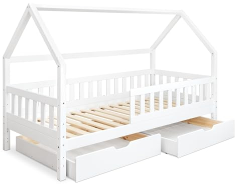 Ehrenkind® Hausbett Lille | Kinderbett mit abnehmbaren Rausfallschutz aus Massivholz FSC® zertifziert inkl. Schubladen | Hausbett 80x160 | Kinderbett 80x160 Weiß