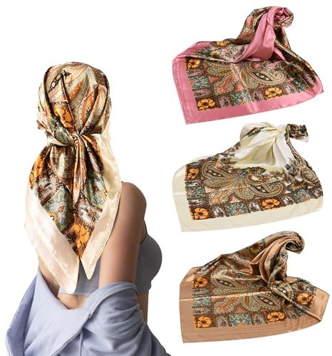 JXCTNNU 3 Stück Kopftuch Seidentuch Halstuch Halstücher 90×90cm Große Quadratische Schals Haartuch Damen Zum Binden Bandana Haarschmuck Satin Tuch für Haare (Rosa, Beige, Kamel)