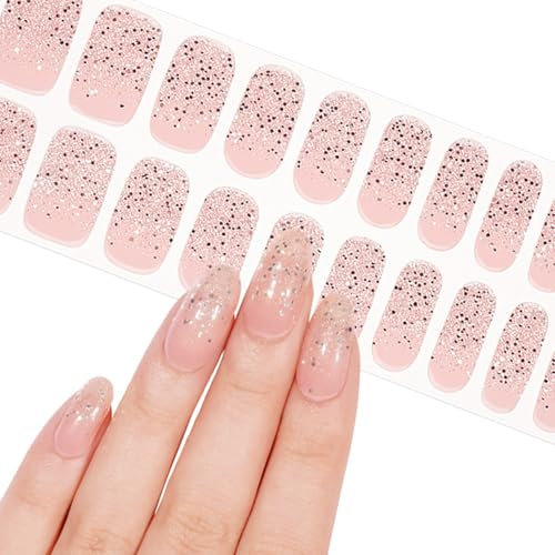 ChicNana Semi Cured Gel Nails Strips, 20 Stickers Silver Glitter Gel Nail Wraps Soft Self-Adhesive Nail Stickers, High Gloss Manicure UV/LED Lamp Required (519-Glitter Tips)