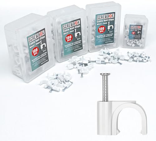SCREWBOX® Cable Clips, 400 Pcs Durable White Wire Clips -4/6/8/10mm, Round Nail Clips, 4 Sizes (4mm, 6mm, 8mm, 10mm), Cable Tacks Wire Tidy Clips, Electrical Cable Management Clips.