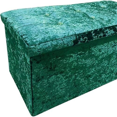 Rehmat Collection 2 Seater Crushed Velvet Ottoman Storage Cube Toy Box Chest With Diamanté Studded Lid - Foldable/Collapsable (Emerald Green)